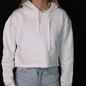 WHITE COTTON CROPPED HOODIE SWEATSHIRT